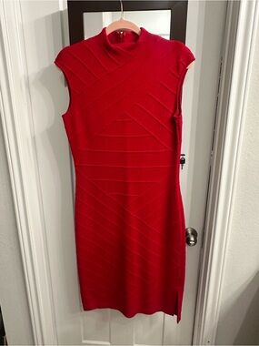 St. John Red Sleeveless Midi Dress with High Neck